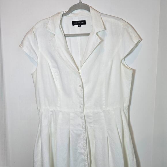 Jones New York Linen Midi Dress Sz 16 Cap Sleeve White Embroidered Button Lined - Picture 3 of 10